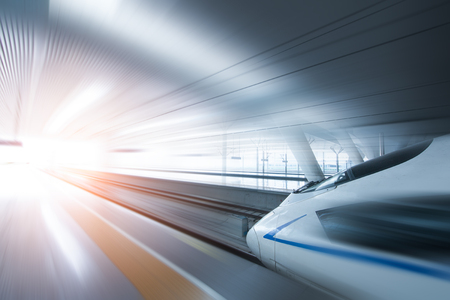 Super streamlined high speed train station tunnel with motion light effect background realistic poster print vector illustrationのeditorial素材