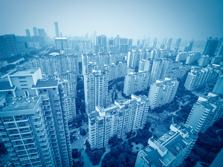 Aerial view of city buildings and river, China Nanchangの写真素材