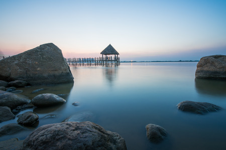 Long wooden bridge pavilion in beautiful tropical island beach - Koh Kood, Trat Thailandの写真素材