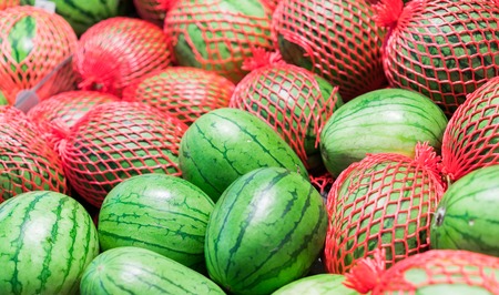 watermelon slice.Many big sweet green watermelons and one cut watermelon.の写真素材