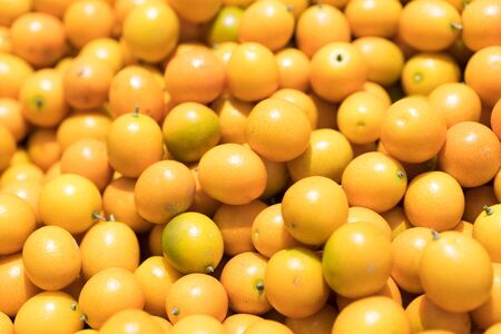 Pile of fresh fruit kumquat on a dark tableの写真素材