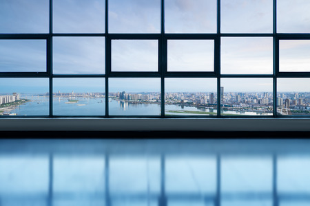 blank studio with cityscape backgroundの写真素材
