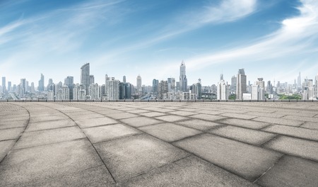 empty marble floor with cityscape of shanghaiの写真素材