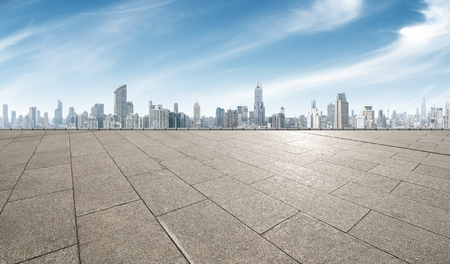 empty marble floor with cityscape of shanghaiの写真素材