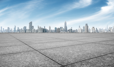empty marble floor with cityscape of shanghaiの写真素材