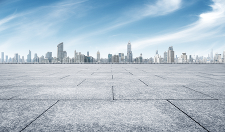 empty marble floor with cityscape of shanghaiの写真素材