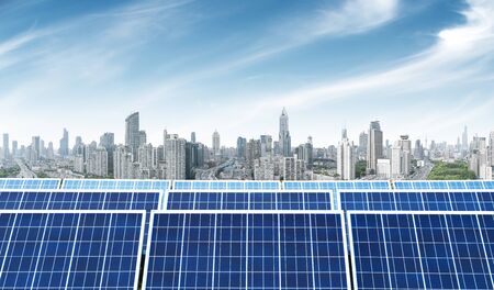 Urban background solar panels, Shanghai, China.の写真素材
