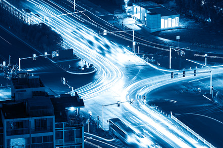 closeup of the light trails on grade separation bridgeの写真素材