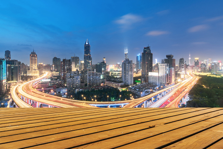 Elevated view of a Road Junction in Shanghai, China. aerial view the overpass at night, shanghai china.の写真素材