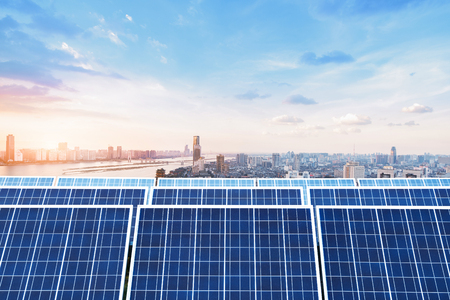 Skyscrapers and solar panels, China Nanchang city landscape.の写真素材