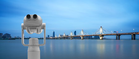 coin-operated telescope in victoria harbor of Hong Kong,China.の写真素材