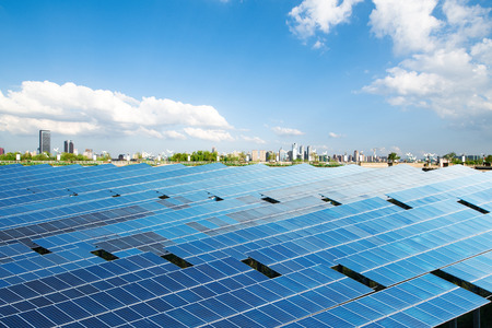 Solar panels in the park of modern cityの写真素材