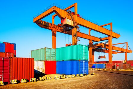 Containers box from Cargo freight ship for import export,logistic conceptの写真素材
