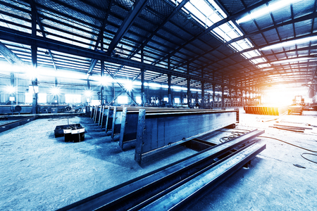 The interior of a big industrial building or factory with steel constructionsのeditorial素材