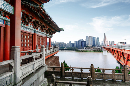 Landscape of downtown near water of chongqing in blue skyのeditorial素材