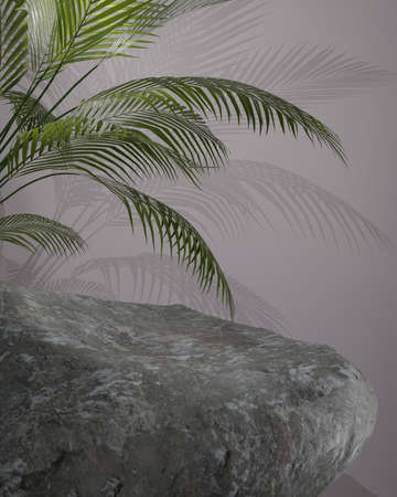 Mockup background for product presentation. Stone podium with palm leaf on background. 3d rendering.の写真素材