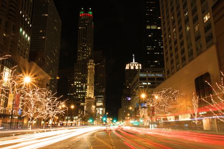 Chicago, Illinois - December 1, 2009:  Holiday lights decorate Michican Avenue's shopping district known as the Magnificent Mileのeditorial素材