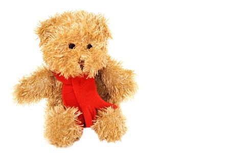 Teddy bear with red scarf, sitting, white backgroundの写真素材