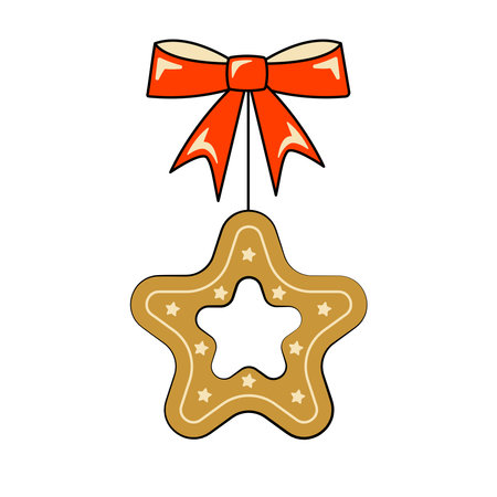 Christmas Tree Toy Gingerbread in the Shape of a Star with a Red Bow Decorative Element in Retro Styleのイラスト素材