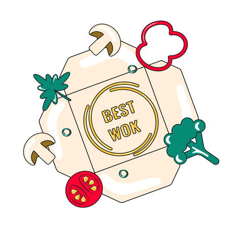 Best Wok Noodles in Box around Vegetables Sticker Element Asian Foodのイラスト素材