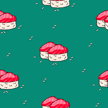 Sushi Seamless Pattern on Green Background Asian Foodのイラスト素材