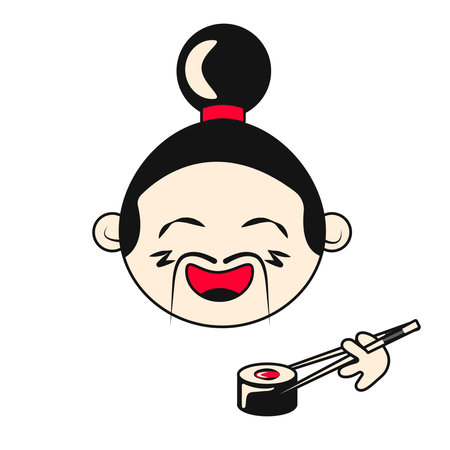 Cute Asian Samurai with Mustache Eating Sushiのイラスト素材