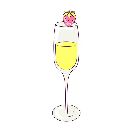 Glass of Champagne with Strawberries Isolated Element in Retro Groove Styleのイラスト素材