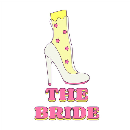 White Wedding Shoe of the Bride Bachelorette Party Illustration for the Bride in Groovy Style Temporary Sticker or Badgeのイラスト素材