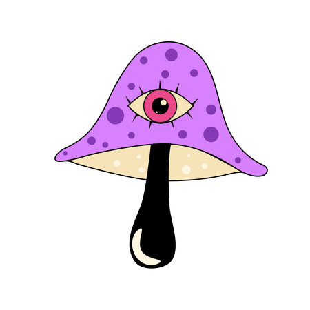 Magic Purple Mushroom with Eye Sticker or Temporary Tattoo for Halloween in Groovy Styleのイラスト素材
