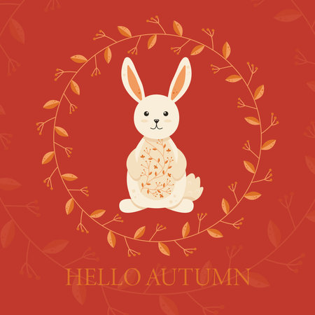 Cute Bunny with Autumn Ornament on his Belly Hello Autumn Postのイラスト素材