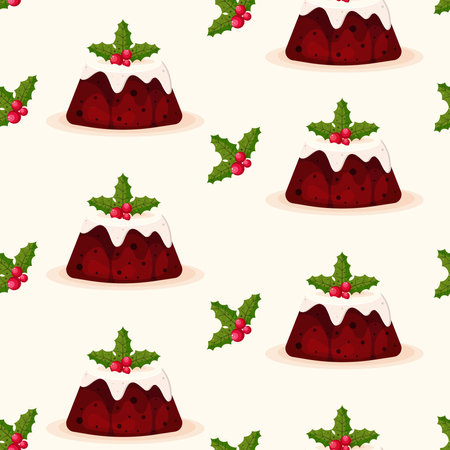 Christmas Pudding Decorated with Sprig of Holly Seamless Patternのイラスト素材