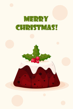 Christmas Greeting Card with Christmas pudding decorated with sprig of hollyのイラスト素材