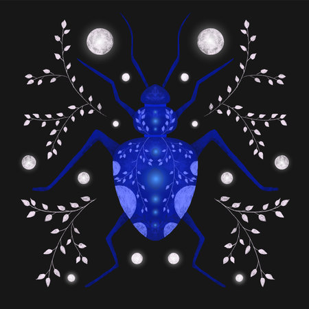 Mystical Glowing Blue Beetle Esoteric Insect Leaf Branches and Moonのイラスト素材