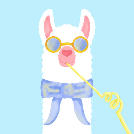 Cute Llama in Sunglasses Drinking a Cocktail through a Straw Summer Vacation Relaxationのイラスト素材