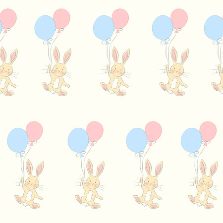 Cute Bunny Flying on Balloons Seamless Patternのイラスト素材