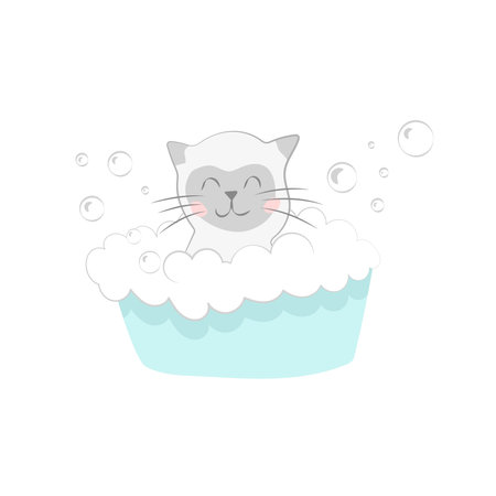 Grooming salon for cats cute kitten in a basin washes a lot of foam flying bubblesのイラスト素材
