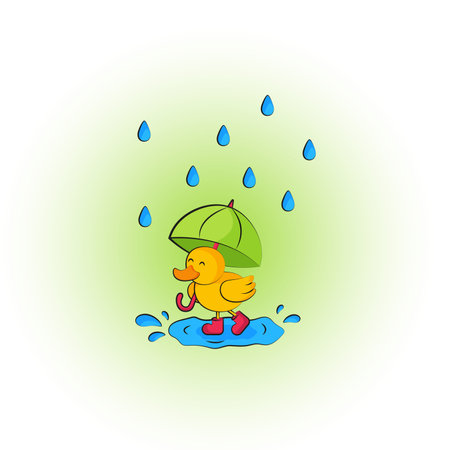 A duckling in red boots walks in the rain under an umbrella through the puddlesのイラスト素材