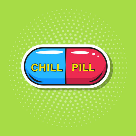 Chill pill on a green background in pop art style stickerのイラスト素材