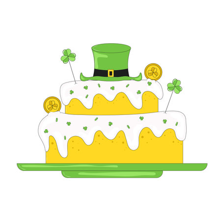 Tiered Cake with Cream Decorated with Clover Leaves and a Leprechaun Hat and Coins Treats for St...