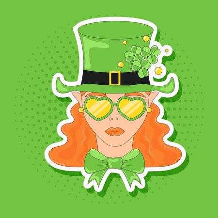 Leprechaun Girl Redhead Girl in Green Hat and Glasses with Green Bow Tie St Patricks Dayのイラスト素材