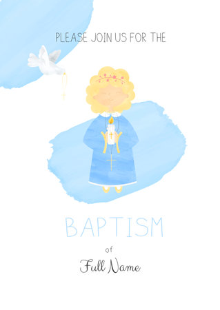 Cute Girl Holding a Candle and a white Dove of Peace flying with a Cross in its Beak Baptism Invitation Template in a Watercolor Styleのイラスト素材