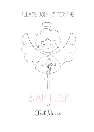 A Cute Angel Boy Holds a Cross Invitation Card for Baptism Day Baptized and Blessed Simple Doodle Vector Illustrationのイラスト素材
