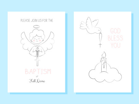 Set of Templates Invitations for Baptism Day Cute Angel Boy Holds a Cross and Dove Peace with Cross Simple Doodle Vector Illustrationのイラスト素材