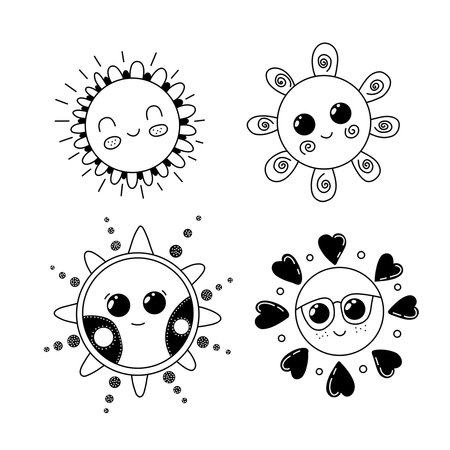 Set of Doodles Cute Smiling Suns Vector Illustrationのイラスト素材