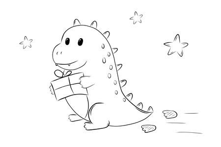 Cute Dragon with a Gift Left Footprints Coloring Book Simple Vector Illustrationのイラスト素材