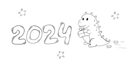 New Year Symbol Cute Baby Dragon Carries a Gift in Doodle Styleのイラスト素材
