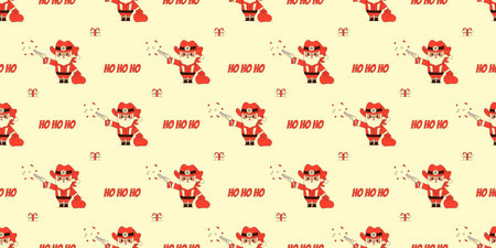Seamless Pattern with Santa Claus Cowboy and the inscription Ho Ho Ho. Vector Illustration Background in Retro Groove Styleのイラスト素材
