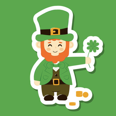 Sticker Cute cartoon leprechaun with clover and coins symbol of luck. Vector bearded Irish, Saint Patrickのイラスト素材
