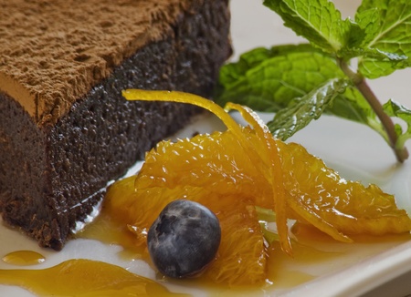 Chocolte hazelnut cake with garnishの写真素材