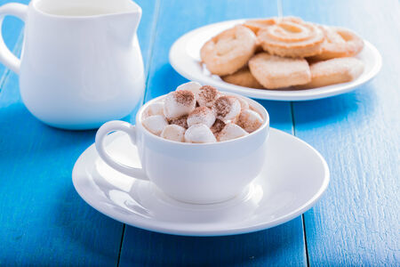 hot chocolate with marshmallow on a blue backgroundの写真素材